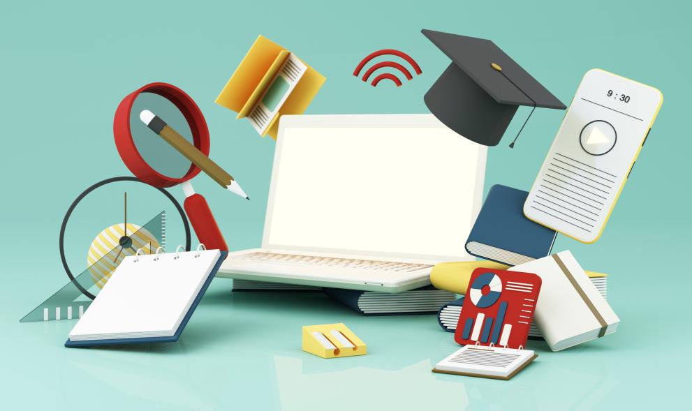 E-learning concept with laptop and wi-fi symbol surrounded by Graduate cap, open books, balloon, Ruler,statistical graph, pencil and magnifying glass on blue and yellow color tone